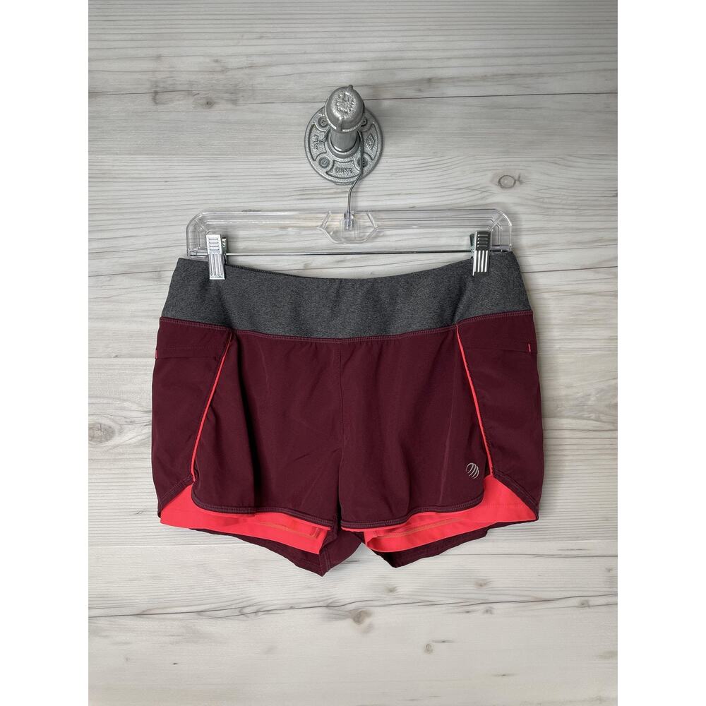 MPG Sport Running‎ Shorts Womens Medium Burgundy Gray 2-in-1 Liner Zip Pocket